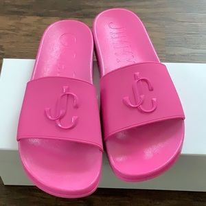 Jimmy Choo Neon Pink Rubber Slides JC Monogram